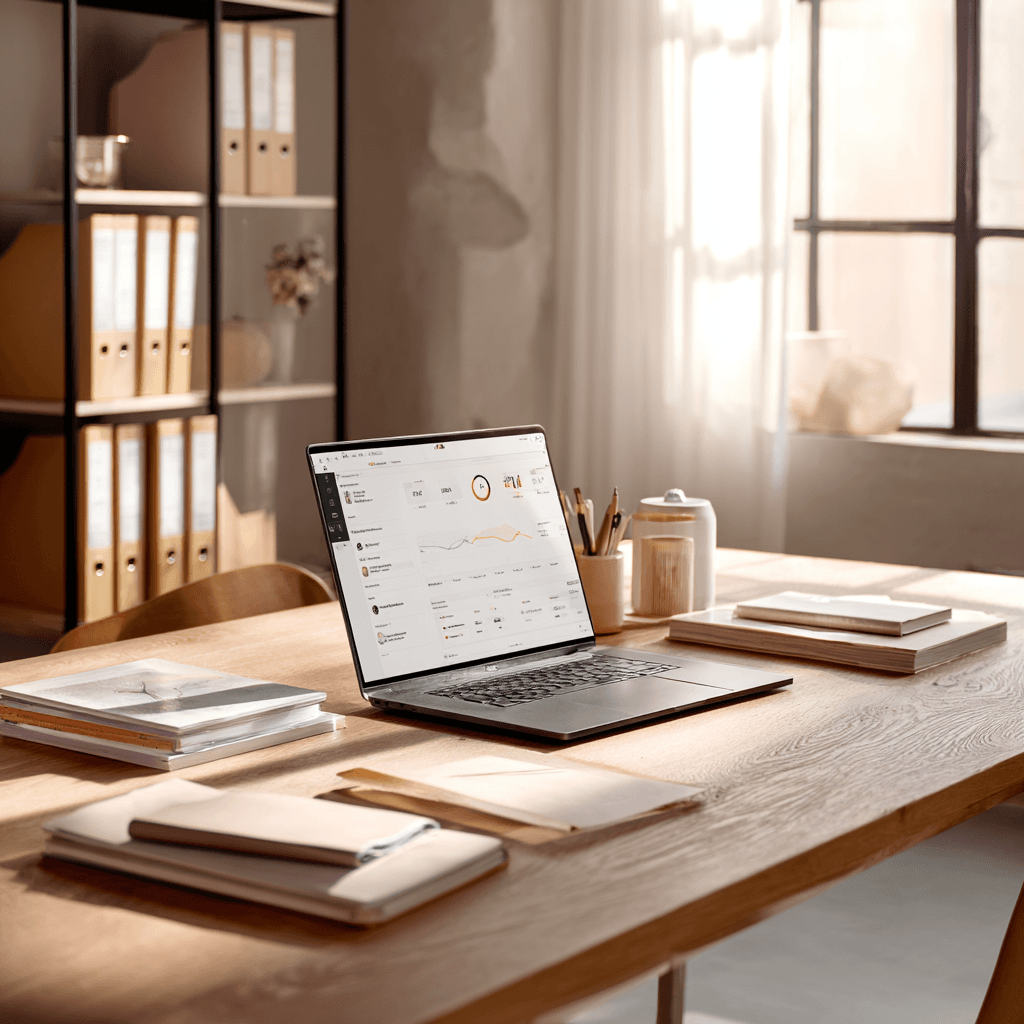 A laptop showing firm performance on a wooden desk